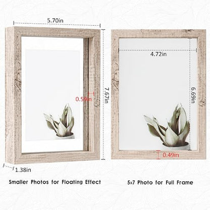 MUYE 5x7 Floating Frames Distressed Beige White Wood Pattern,Double Glass Picture Frame Display Any Size Photo up to 5x7,Wall Mount or Tabletop,2 Pack - color: Beige, size: 5x7