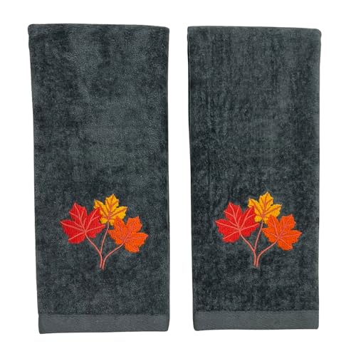 Fall Thanksgiving Gray Guest Hand Bathroom Towels, Autumn Leaves, 16 x 25" | Set of 2, 100% Soft Cotton Velour, Autumn Farmhouse Decor for Bath or Kitchen, Perfect for Seasonal Parties & Hostess Gifts - color: Autumn Leaf Grey