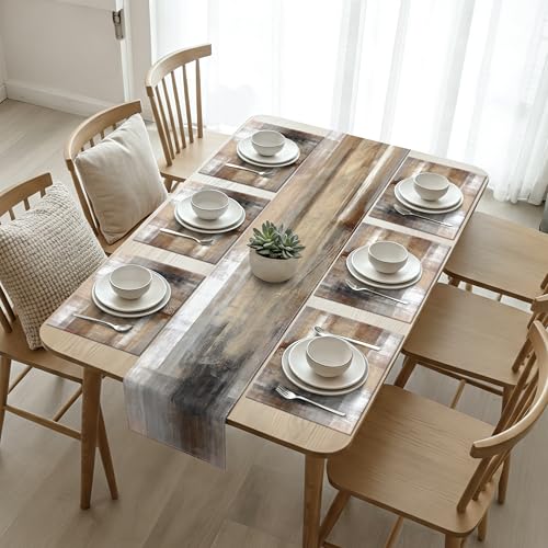 Brown and Gray Table Runner and Placemats Set of 6 Farmhouse Washable Linen Place Mats Rustic Abstract Art Table Decor for Kitchen Dining Coffee Outdoor Party (Brown and Gray, 13"x71"+12"x18") - color: Brown and Gray