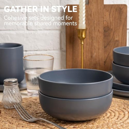 12-Piece Stoneware Dinnerware Set with Mugs | Microwave and Dishwasher Friendly | Stackable Matte Glaze Plates & Bowls | Service for 3 (Blue for 3) - color: Blue for 3