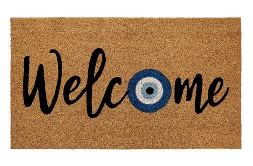 Croft&Cane Evil Eye Coir Doormat - 17x30 Inches Durable Non-Slip Door Mat | Natural Coco Coir Doormat - Low Profile Vinyl Backed Dirt Trapping Front Door Mat- Heavy-Duty Indoor Outdoor Mat Entryway Rug - color: Welcome Evil Eye, size: 1'5" x 2'6" (Rectang