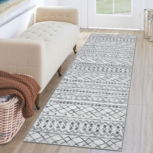 KUTA 2x6 Washable Runner Rug Grey Moroccan Boho Rug Runner | Non-Slip, Non-Shedding, Low Pile, Ultra Soft Geometric Floor Rugs for Hallway Kitchen Entryway Bedroom Laundry Foyer - color: Grey, size: 2' x 6' (Runner)