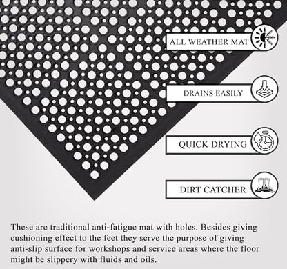 A1 Home Collections Anti Fatigue Mat, 0.6" Thick Heavy Duty Rubber Floor Mat with Drainage Holes - Non-Slip Kitchen, Bar & Restaurant Mat, 36x60 in (2 Pack) - size: 2 Pack - 60"L x 36"W x 0.6"Th