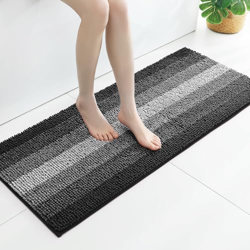 Long Bathroom Rugs, Luxury Chenille Bath Mat, Small Non Slip Shower Rug and Bath Room Floor Mats, Machine Washable, Quick Dry Bathmat, Soft Cozy Plush Rug for Tub, 20" x 47", Black - color: Black, size: 20" x 47"
