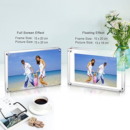 AMEITECH Acrylic Photo Frames 6x8'', Magnetic Acrylic Block Picture Frame,Desktop Frameless Photograph Display | Double Sided Floating Magnetic Frames, 20mm Thick, Free Standing Desktop Display for Postcards, Pictures and Artworks - size: 6 x 8 inch