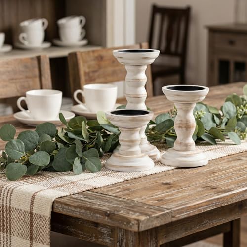 3 Pcs Wood Pillar Candle Holder Rustic White Candle Holder Set of 3 Tall Table Centerpiece Decor Wooden White Farmhouse Decorations for Fireplace Mantle