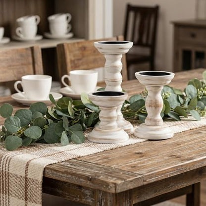 3 Pcs Wood Pillar Candle Holder Rustic White Candle Holder Set of 3 Tall Table Centerpiece Decor Wooden White Farmhouse Decorations for Fireplace Mantle
