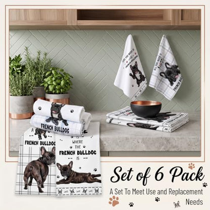 Redbaker 6 Pcs Funny French Bulldog Kitchen Towels | Cute French Bulldog Dish Towel, Dog White and Black Hand Dishcloth with Hanging Loop for Dog Owners Lover Housewarming Gift - style: French Bulldog
