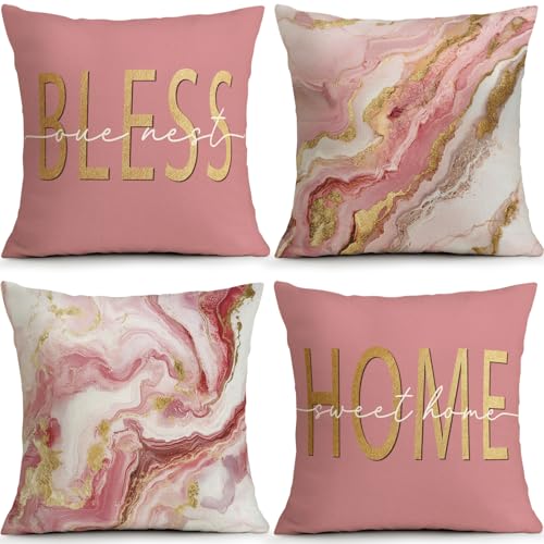 Pink Gold Marble Pillow Covers Set of 4, 18x18 Bless Home Farmhouse Decor | Faux Linen Pink Gold Marble Pillow Covers with Bless Home Design Brighten Bedroom Sofa Porch Living Room - color: Home Sweet Pink Gold Marble, size: 18" x 18" (Pack of 4)