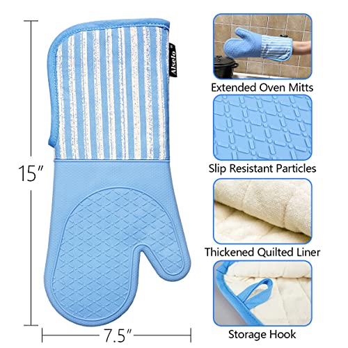 Alselo Silicone Oven Mitts Heat Resistant 932℉ with Waterproof & Non-Slip | Kitchen Mittens Set of 2,Extra Long Oven Gloves with Soft Cotton Terry Lining for Baking Cooking Barbecue (Blue,2) - color: Blue