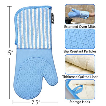 Alselo Silicone Oven Mitts Heat Resistant 932℉ with Waterproof & Non-Slip | Kitchen Mittens Set of 2,Extra Long Oven Gloves with Soft Cotton Terry Lining for Baking Cooking Barbecue (Blue,2) - color: Blue
