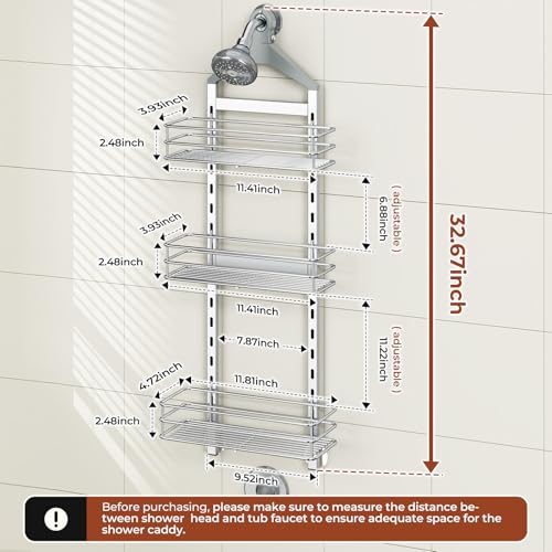 Orimade Aluminum Hanging Shower Caddy Over Head, Adjustable Anti-Slip Bathroom Shelves with Hooks, Rustproof Shower Organizer Storage Rack, Silver 3 Tier - color: Polished Silver - 3 Tier