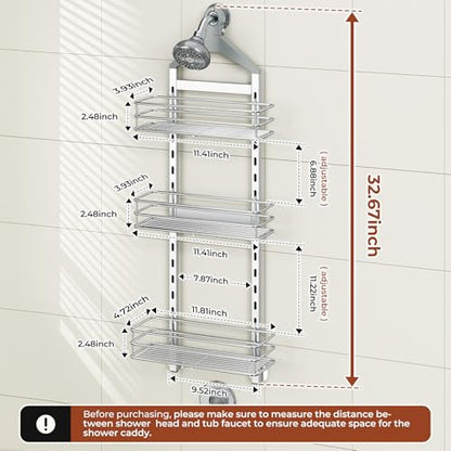 Orimade Aluminum Hanging Shower Caddy Over Head, Adjustable Anti-Slip Bathroom Shelves with Hooks, Rustproof Shower Organizer Storage Rack, Silver 3 Tier - color: Polished Silver - 3 Tier