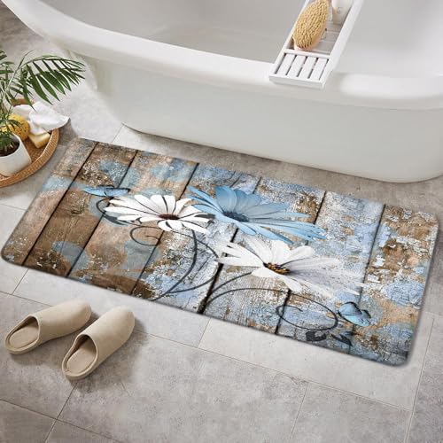 Farmhouse Floral Flower Bath Mat, Daisy Rustic Wooden Plank Country Barn Wood Blue Flower Non-Slip Flannel Soft Doormat Floor Entryways Outdoor Indoor Front Door Mat, (16X48) - color: Blue-01, size: 1'4" x 4' (Rectangular)