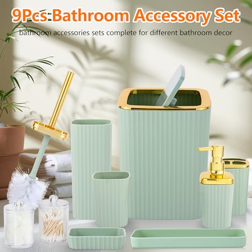 9 PCS Green Bathroom Accessories Set with Trash Can Bathroom Accessory | All-in-One Kit with Trash Can,Toothbrush Holder,Soap Dispenser,Toothbrush Cup,Vanity Tray,Soap Dish,Toilet Brush etc for Home - color: Lightgreen