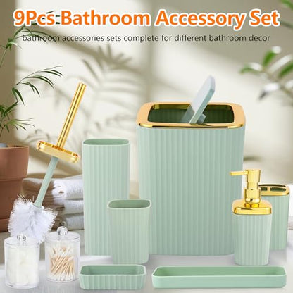 9 PCS Green Bathroom Accessories Set with Trash Can Bathroom Accessory | All-in-One Kit with Trash Can,Toothbrush Holder,Soap Dispenser,Toothbrush Cup,Vanity Tray,Soap Dish,Toilet Brush etc for Home - color: Lightgreen
