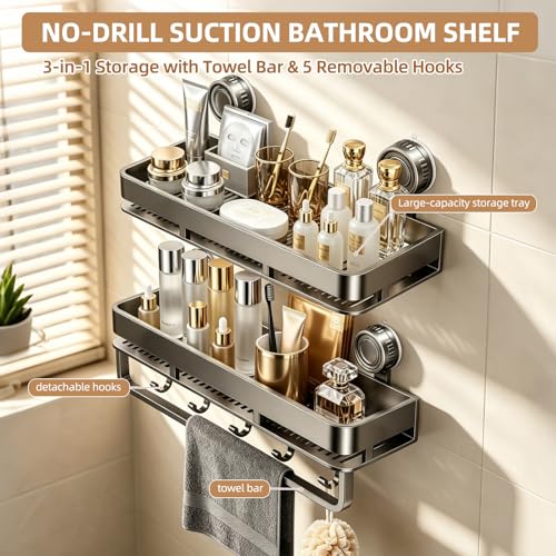 Suction Cup Shower Caddy,No Drilling, Rectangular, Grey,2-Pack | Shelf for Inside Shower, Heavy Duty Carbon Steel, Towel Bar & Hooks, Rust-Resistant, Bathroom Organizer Storage Rack - color: Grey,2-Pack