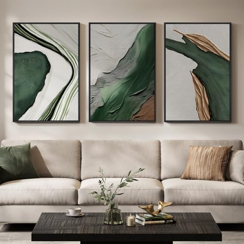 Large Framed Green White Abstract Wall Art for Living Room, 3 Piece 24x36 | Modern pictures, Canvas prints, Wood frame, Minimalist wall paintings, Wall decor for hallway dining room bedroom home office - color: Green and Beige, size: 24" W x 36" H x 3pcs