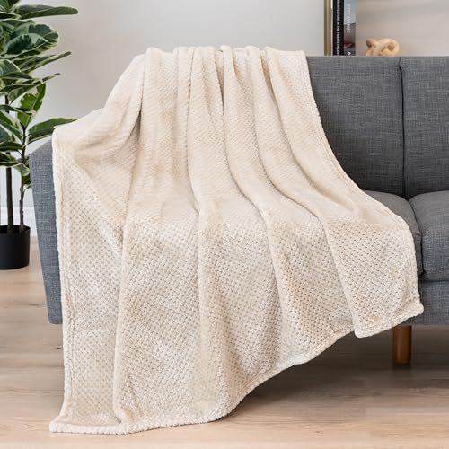 PAVILIA Fleece Throw Blanket for Couch Sofa Bed, Cream Ivory Beige 50x60 | 280 GSM Soft Fuzzy Waffle Textured Jacquard Microfiber, Warm Lightweight Fade-Resistant Decorative Decor, All Season Gift - color: Ivory Cream, size: 50 X 60 Inches - Throw