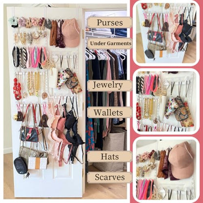 Evelots Rack for Purses, Belts, Jewelry, Ties, Hats - New Over the Door Organizer - Adjustable 8 Tier - 40 Hooks for Multi Uses - Easy Assembly - No Tools Needed - White Coated Sturdy Metal - size: 1 Pack, style: 8-Tier Over-The-Door