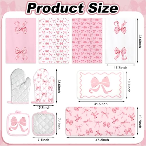 JarThenaAMCS 10Pcs Pink Bow Kitchen Dish Towels Rugs Oven Mitts and Pot Holders Set Farmhouse Kitchen Decor Set for Women Mom Daughter Gift Cooking Baking Home Housewarming Party Favors Supplies