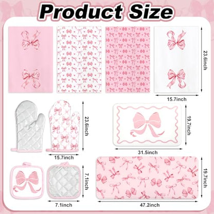 JarThenaAMCS 10Pcs Pink Bow Kitchen Dish Towels Rugs Oven Mitts and Pot Holders Set Farmhouse Kitchen Decor Set for Women Mom Daughter Gift Cooking Baking Home Housewarming Party Favors Supplies