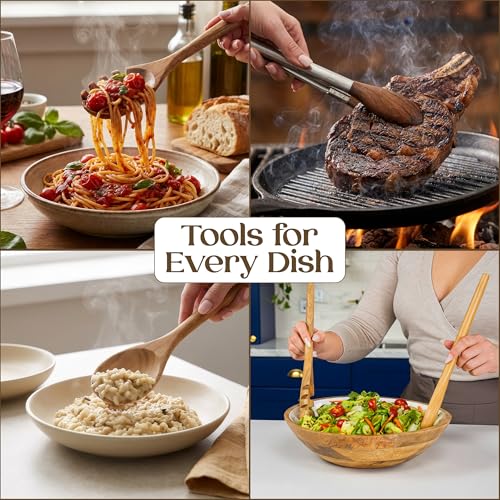 SANJH Teak Wooden Utensil Set for Cooking - 8 Piece Teak Wooden Spoons Set | Spatula Scraper Pasta Spoon Rice Paddle Tongs, Smooth Sanded Finish, Comfortable Grip Handles, Gentle on Cookware