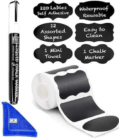 Chalkboard Labels Roll for Jars 220pcs - Waterproof Reusable Chalk Sticker Labels for Containers Storage Jars in 12 Unique Shapes - Includes Erasable Liquid Chalk Marker & Mini Towel - style: 220 Labels Assorted Shapes Roll