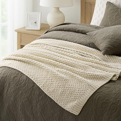 EVERGRACEHOME Chunky Chenille Knit Throw Blanket, 60 x 80, Beige | Sculpted Moss Stitch, Chic Modern Farmhouse, All-Season Warmth, OEKO-TEX® Certified, Elegant Blanket for Couch, Bed, Sofa - color: Beige, size: 60" X 80"