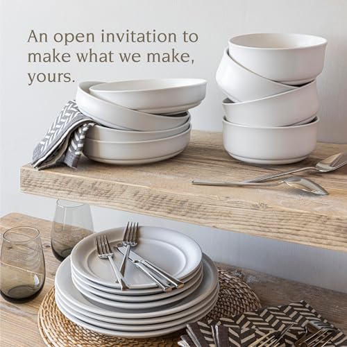 over&back Rim Dinnerware Set - Stoneware Dishes - Comes with 4 Dinner Plates, Salad Plates, Cereal Bowls, and Dinner Bowls - 16-Piece All-Occasion Place Settings - Serves Four - Semi-Matte White - color: White, size: Dinner Set | 16 Pieces