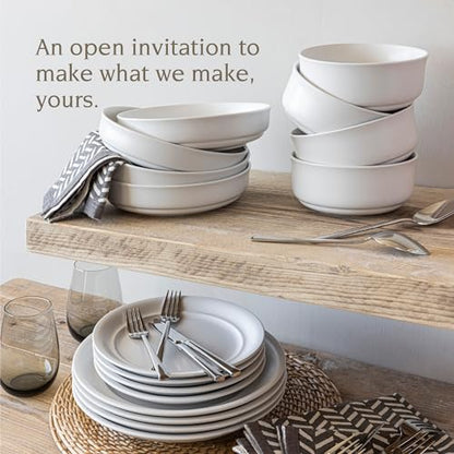 over&back Rim Dinnerware Set - Stoneware Dishes - Comes with 4 Dinner Plates, Salad Plates, Cereal Bowls, and Dinner Bowls - 16-Piece All-Occasion Place Settings - Serves Four - Semi-Matte White - color: White, size: Dinner Set | 16 Pieces