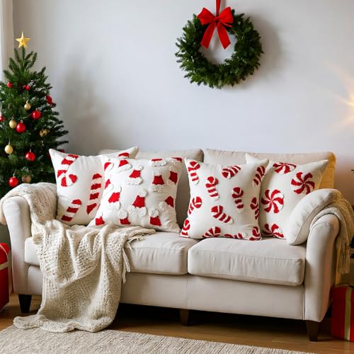 Fourluoo Christmas Trees Pillow Covers 18x18 Inch Double Sided Foil Plush White Red Green Soft Plush Faux Fur Christmas Throw Cushion Case for Sofa Living Room (4 Pcs, Candy Can, 18"×18") - style: Candy Can
