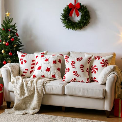 Fourluoo Christmas Trees Pillow Covers 18x18 Inch Double Sided Foil Plush White Red Green Soft Plush Faux Fur Christmas Throw Cushion Case for Sofa Living Room (4 Pcs, Candy Can, 18"×18") - style: Candy Can