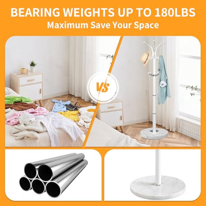 ZOZOE Metal Coat Rack Stand, Modern Coat Rack Freestanding with Natural Marble Base, 360° Rotary Design Coat Racks with 14 Hooks,White Coat Tree Hanger Stand for Bags,Hats,Entryway,Office - color: White 14 Hooks