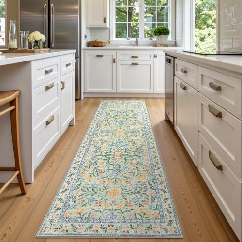 Wonnitar Washable Runners for Hallways, 2'6''x8' Floral Green Runner Rug for Kitchen Bathroom, Boho 8ft Non Silp Extra Long Rugs for Entryway Bedroom Laundry - color: Green, size: 2'6" x 8' (Runner)