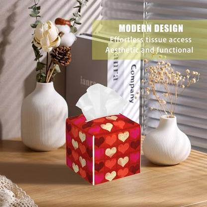 Leather Tissue Box Holder Red Pink Love Heart Tissue Box Cover Facial Paper Case Organizer Cube Napkin Dispenser for Bathroom Vanity Countertop Night Stand Office Car - color: Red Pink Love Heart