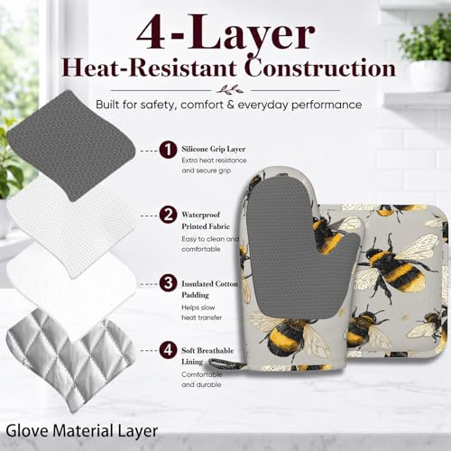 Happy Busy Bees Oven Mitts and Pot Holders Sets Non-Slip Silicone Surface for BBQ Gloves,Kitchen,Cooking,Baking,Grilling - color: Happy Busy Bees