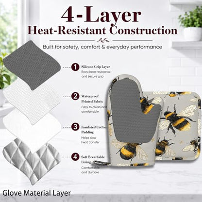 Happy Busy Bees Oven Mitts and Pot Holders Sets Non-Slip Silicone Surface for BBQ Gloves,Kitchen,Cooking,Baking,Grilling - color: Happy Busy Bees