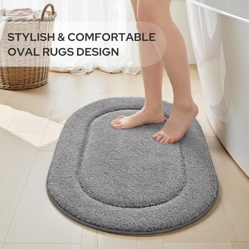 HOMEIDEAS Grey Oval Bathroom Rug Sets 2 Piece 20" x 32" + 16" x 24" | Microfiber Bath Mats, Non-Slip TPR Backing, Ultra Absorbent & Quick Dry, Machine Washable for Bathroom, Shower, Tub - color: Grey
