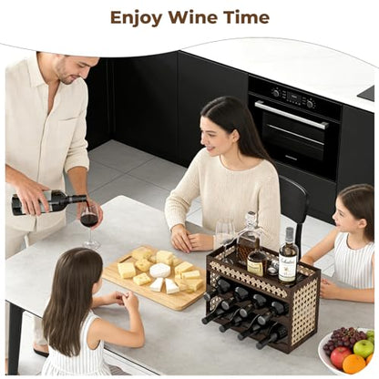 3-Tier Counter Wine Rack, Wine Racks Countertop & Wine Rack for Inside Cabinet - Solid Pine Wood & Rattan Mesh, Tilted Design, Portable Bar for Home Kitchen