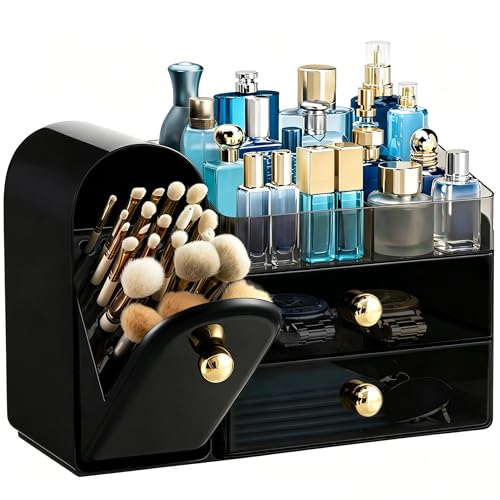 HBlife Makeup Organizer Countertop with Drawers, Cologne Organizer for Men, Vanity Organizers with Brush Holder, Bathroom Countertop Organizer Skin Care Storage, Gift for Dad Husband, Black and Gold - color: Black and Gold