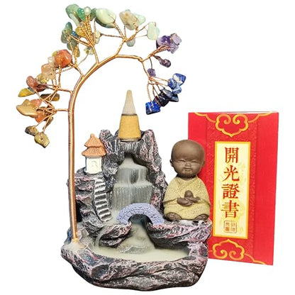 Monk-Blessed Laughing Buddha Backflow Incense Burner, 63-Gemstone Chakra Tree, Temple-Certified Feng Shui Altar Decor for Meditation & Reiki, Mother's Day, Birthday Gift(7.4 Inch)