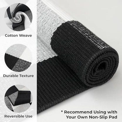 KOZYFLY Buffalo Plaid Area Rugs 27.5x43 Inches Black and White Checkered Rug Washable Front Door Mat Hand Woven Cotton Outdoor Rug Small Rug for Front Porch Kitchen Entryway Patio Bathroom | Washable Front Door Mat, Woven Cotton Outdoor Rug, Indoor Small