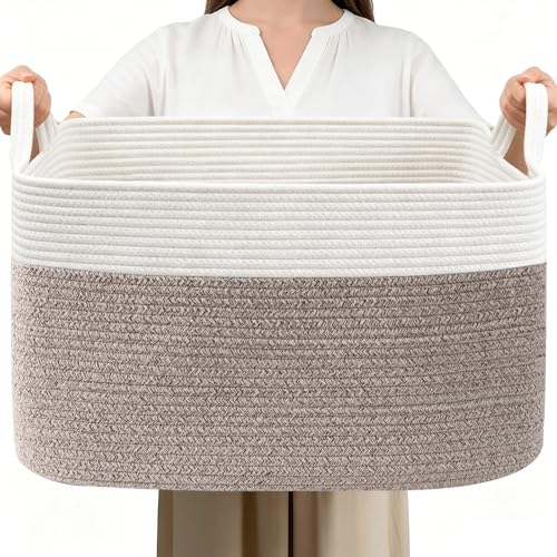 65L Laundry Basket with Handles, Woven Blanket Basket, White/Brown | 21"×16"×12" Collapsible Cotton Rope Storage Basket for Toys Clothes & Pillows, Nursery, Bathroom, Bedroom, Living Room - color: White & Brown, size: 65L