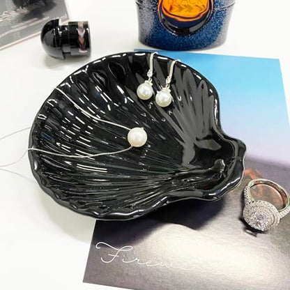 Shell Shape Ring Holder Dish, Seashell Jewelry Dish Tray, Ceramic Trinket Tray for Rings Earrings Necklaces Bracelet, Birthday Mother's Day Christmas Gift for Mom Friend Sister, 3.9", Black - color: Black