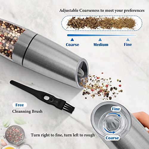 Gravity Electric Salt and Pepper Grinder Set, Battery Powered LED Light One Hand Automatic Operation, Adjustable Coarseness Mill Grinders Shakers Black (G.Silver 1p)