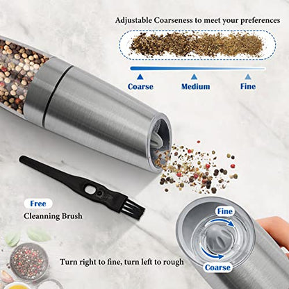 Gravity Electric Salt and Pepper Grinder Set, Battery Powered LED Light One Hand Automatic Operation, Adjustable Coarseness Mill Grinders Shakers Black (G.Silver 1p)