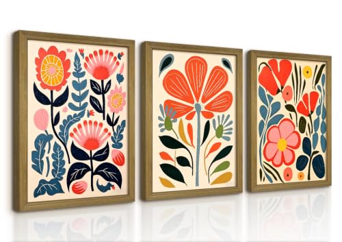 Framed Boho Colorful Floral Canvas Wall Art Set of 3, Mid Century Abstract Flower Print Picture, Scandinavian Folk Art Wall Decor Paintings for Living Room Bedroom Bathroom Home Decor 16x24 Inch - color: Colorful Flowers, size: 24"L x 16"W