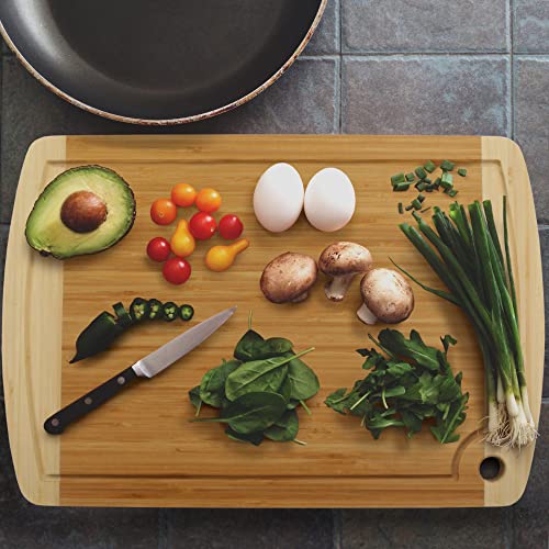 BambooMN Heavy Duty Premium Bamboo Two-Toned Cutting Board w/Hanging Hole - 17.25" x 11.75" x 0.75" - Grooved/Flat - 2 Pieces - size: 17.25" x 11.75" (Two-Tone w/hole)