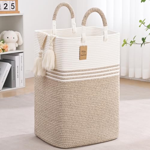 Laundry Basket Hamper,Blanket Storage,Dirty Clothes Hamper with Swivel Handles,Woven Cotton Rope Toy Baskets,Blanket Basket Living Room,Decorative Hampers for Nursery,Bedroom,White & Linen,80L - color: White & Linen, size: 80L